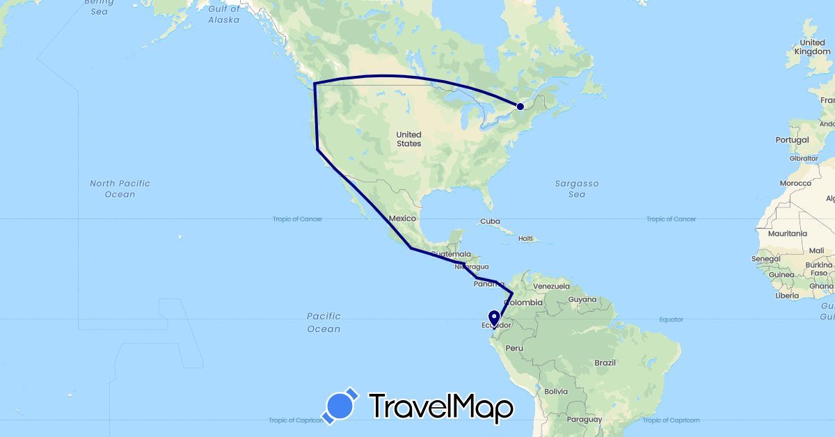 TravelMap itinerary: driving in Canada, Colombia, Costa Rica, Ecuador, Honduras, Mexico, Nicaragua, Panama, El Salvador, United States (North America, South America)